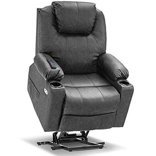 MCombo Power Lift Recliner Chair for Elderly, Lift Chair with Heat and Massage, FSC Certified, USB Ports, Cup Holders, Faux Leather 7040 (Black, Medium)