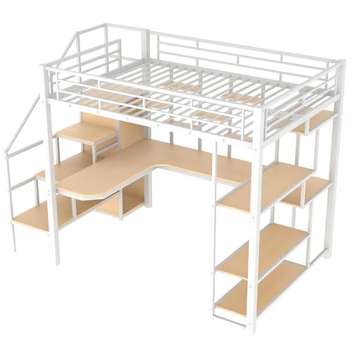 Full Size Metal Loft Bed with Storage Staircase and Small Wardrobe, Built-in Desk and Storage Shelves loft bed with desk and storage (Black)