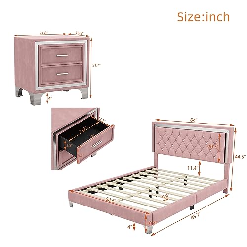 3-Pieces Bedroom Furniture Sets, Queen Size Upholstered Platform Bed with LED Lights and 2 Nightstands, Velvet Platform Bed with Crystal Tufted Headboard,Strong Wooden Slats, Metal Legs (Gray-P3A01)