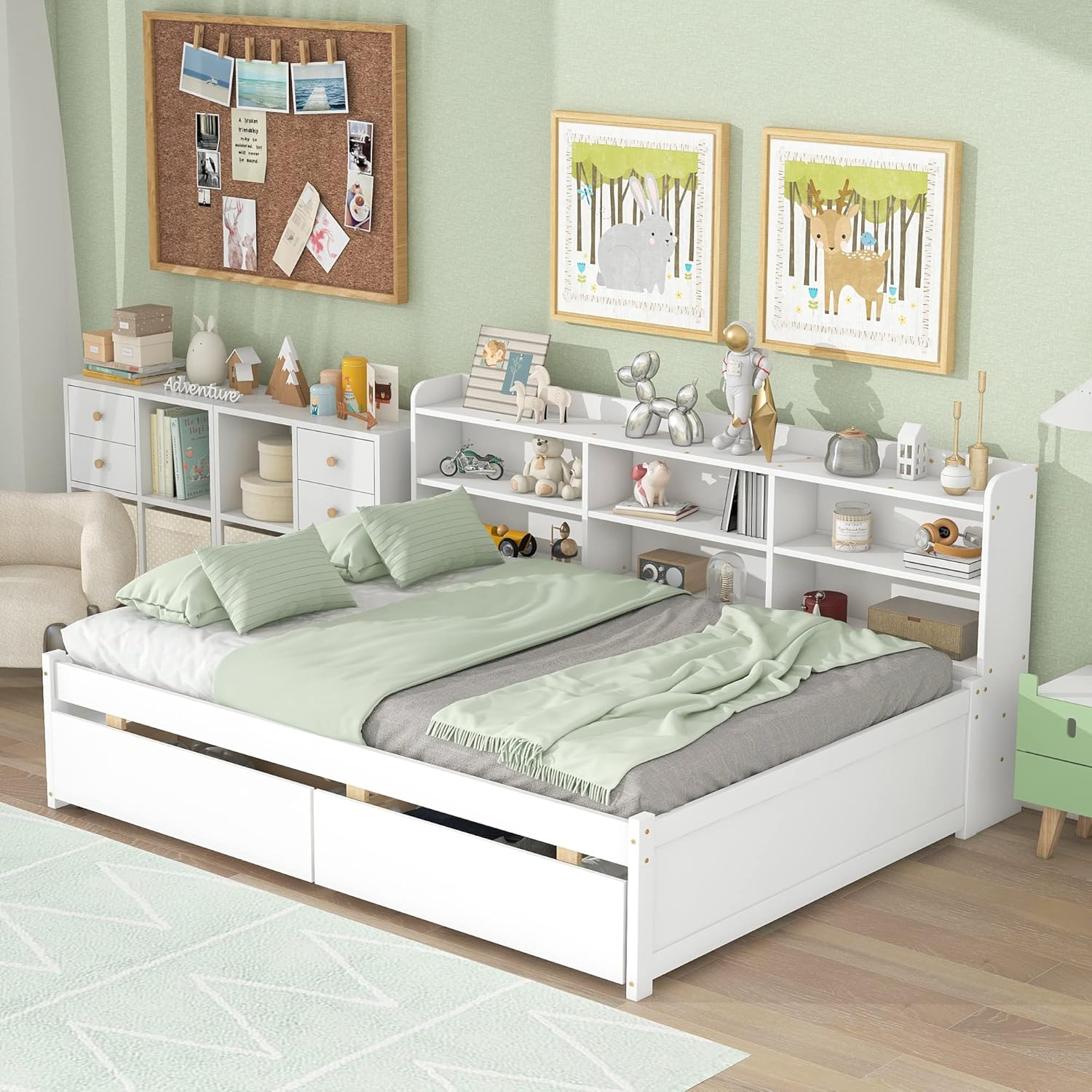 Harper & Bright Designs Full Size Daybed with Storage Bookcase and 2 Drawers, Wood Full Platform Bed with Sideboard, Full Sofa Bed Frame for Bedroom, Living Room (Full, White)