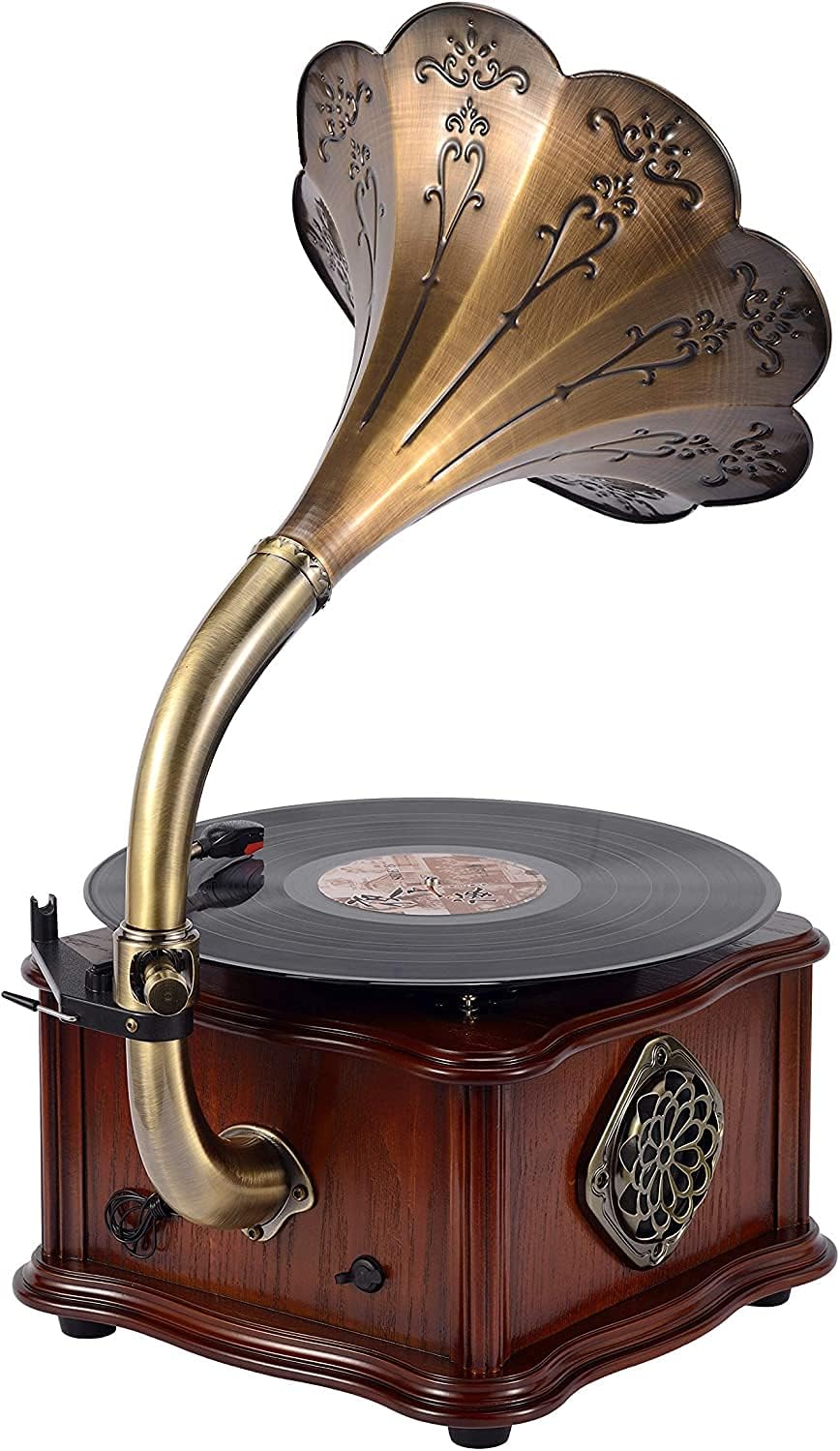 Wooden Phonograph Gramophone Turntable Vinyl Record Player Speakers Stereo System Control 33/45 RPM CD FM AUX USB Ouput Bluetooth 4.2