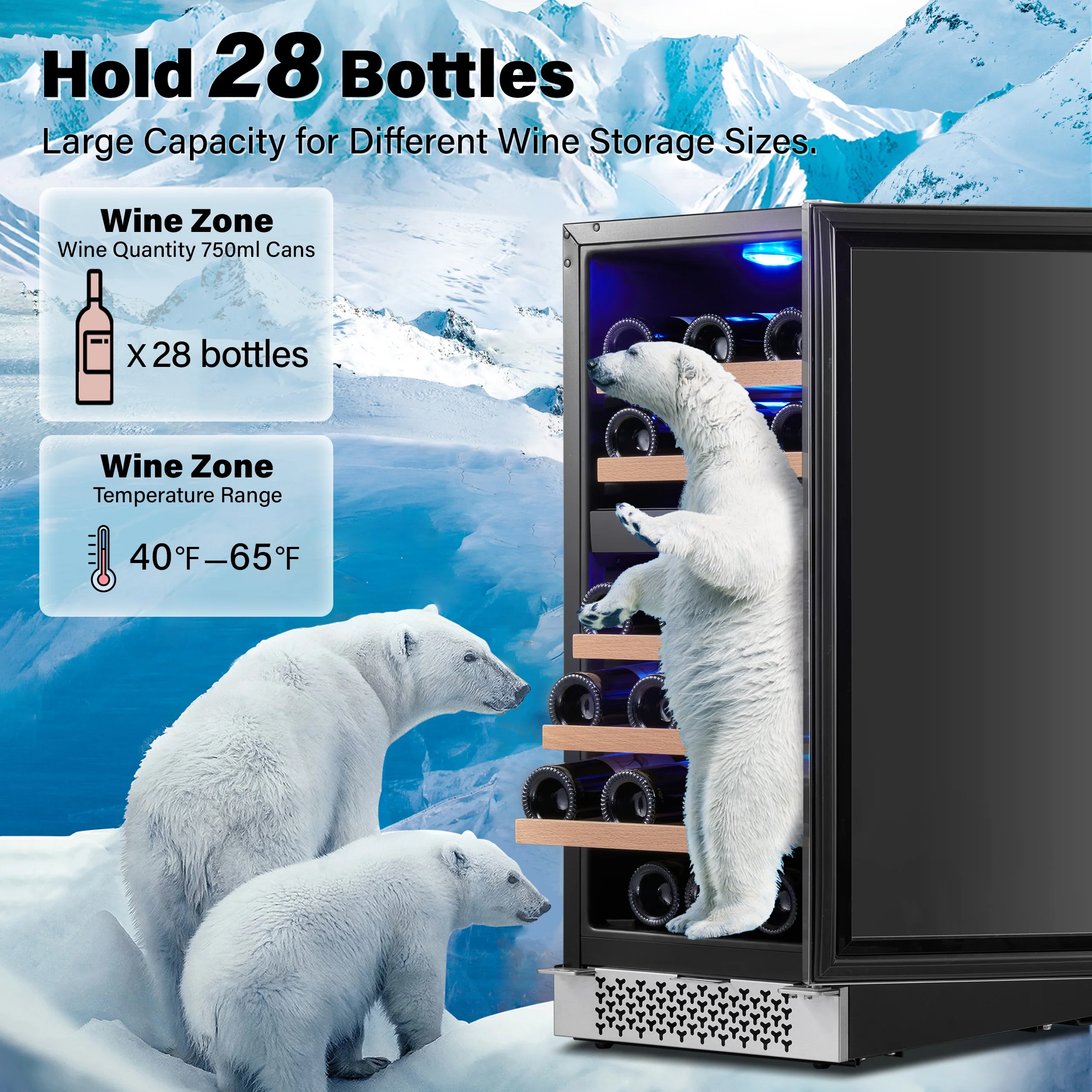 Yeego 15" Mini Wine Cooler Fridge, 28 Bottle Dual Zone Wine Refrigerator with Stainless Steel Tempered Glass Door, Freestanding and Built-in