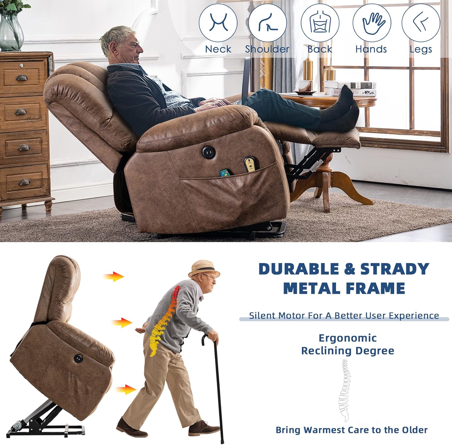Large Electric Power Lift Recliner Chair for Elderly Big People, Heated Massage Motorized Reclining Sofa, Wide Recliners with 2 Remote Controls, Side Pockets & USB Ports, Brown