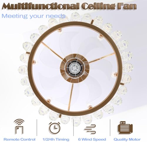 42''Dimmable Fandelier Crystal Chandelier Ceiling Fan Retractable Ceiling Fan with Lights and Remote 6 Speed, 3 Light Change Retractable Blade Chandelier Ceiling Fan for Bedroom(Chrome)