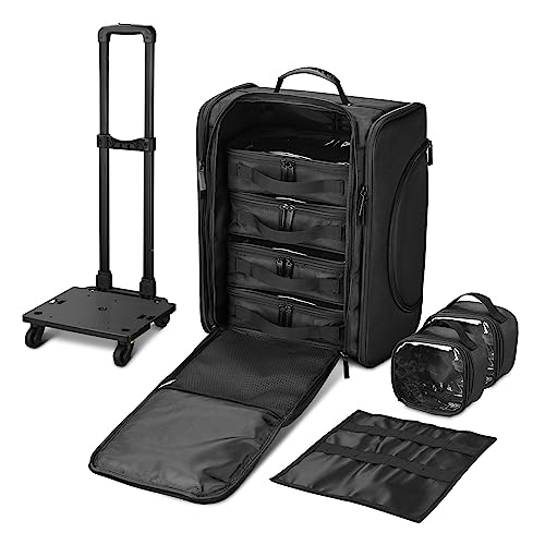 BYOOTIQUE Classic Black Rolling Makeup Train Case Soft Sided Cosmetic Storage Makeup Organizer Carry on Travel with Removable Side Pocket Bag
