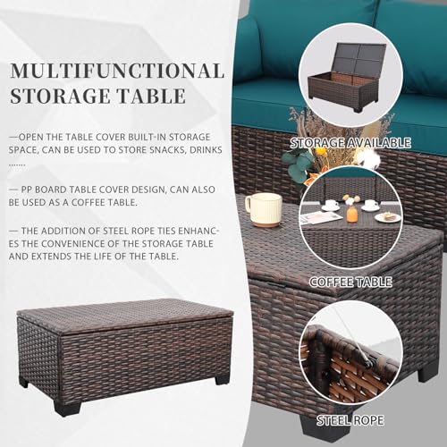 Valita Patio Rattan Furniture Set 4-Piece Outdoor PE Wicker Conversation Couch, Brown Sectional Sofa Couch with Storage Coffee Table Non-Slip and Washable Royal Blue Cushions