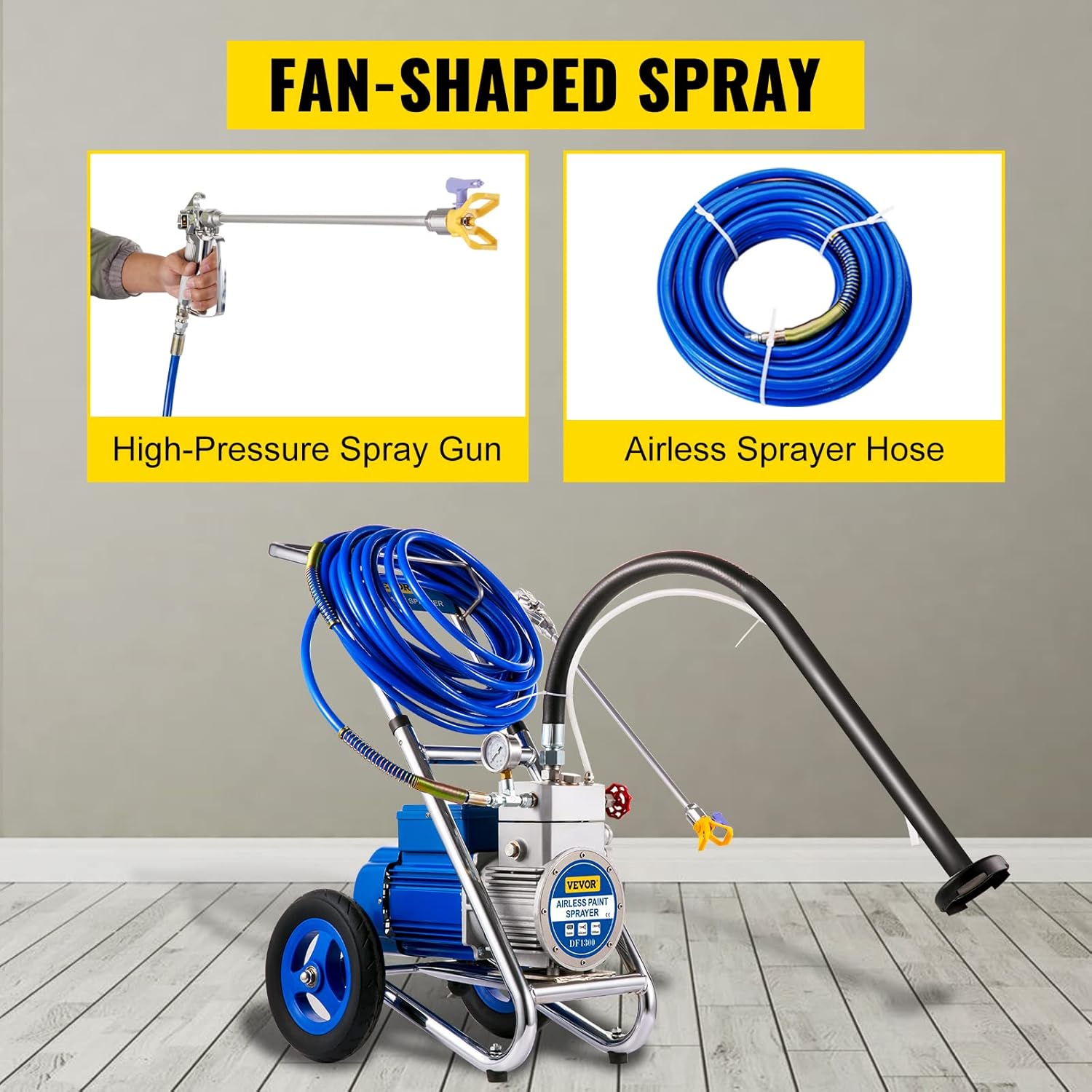 VEVOR Airless Paint Sprayer, 1500W High Efficiency Cart Airless Paint Sprayer, 1GPM 50FT Hose Paint Sprayer w/ 621 Tip & 6in Extension Bar, Ideal for Home Interior Exterior