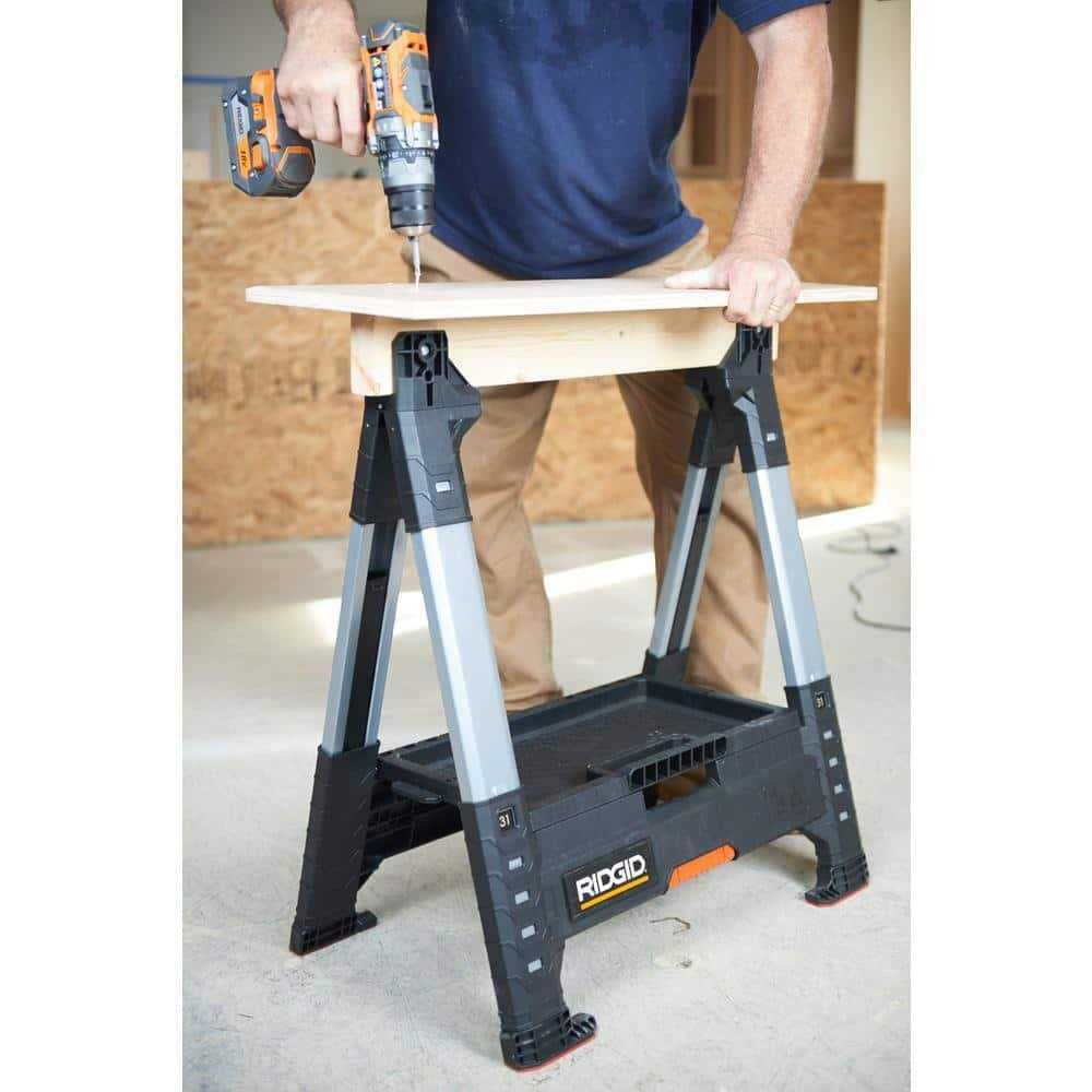RIDGID 230710 32 in. Polypropylene Folding Sawhorse with Adjustable Metal Legs