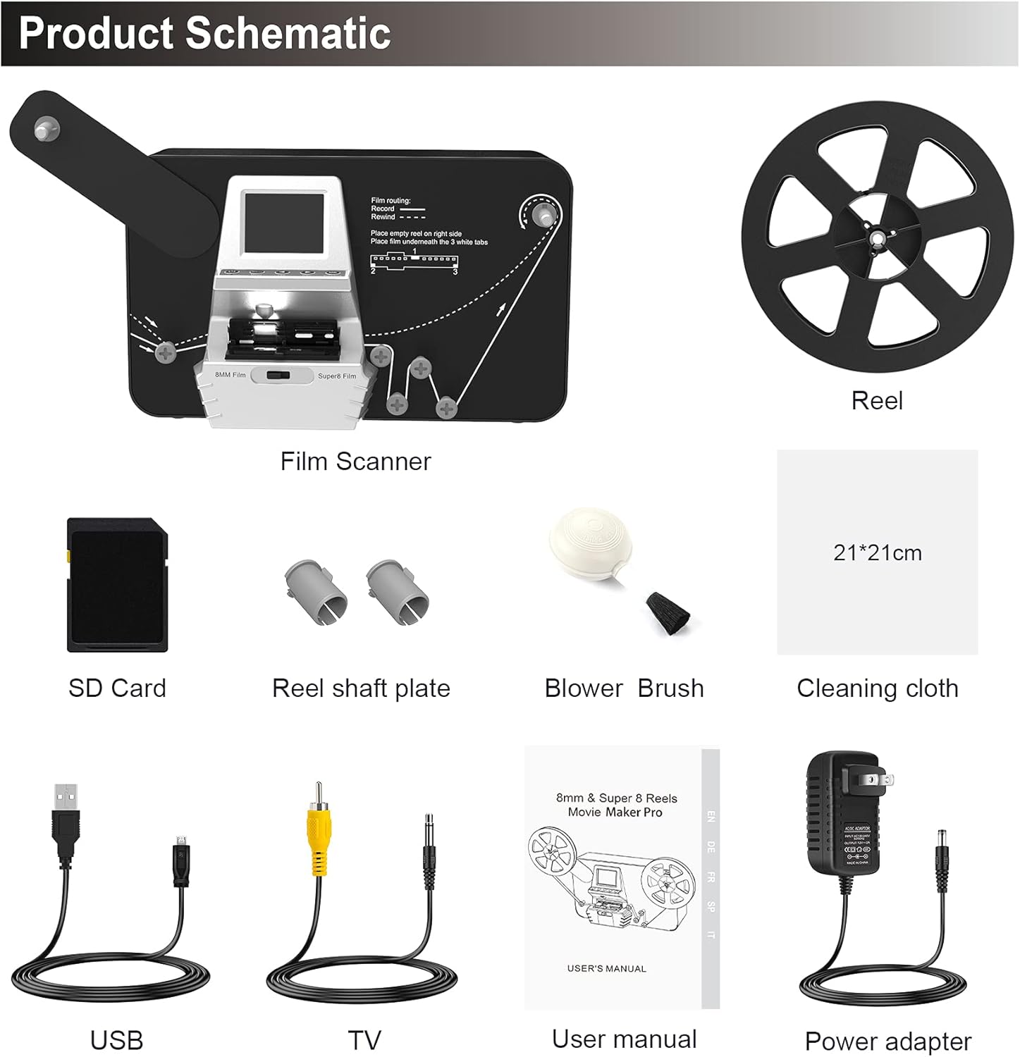 8mm & Super 8 Reels to Digital MovieMaker Film Scanner Converter, Pro Film Digitizer Machine with 2.4 LCD, Convert 5 inch and 8 inch 8mm Super 8 Film reels into 1080P Digital Videos