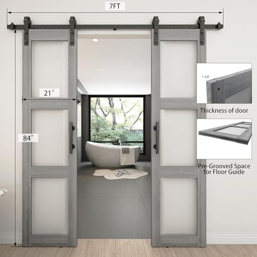 BARNSMITH 21x84in Double Glass Barn Door with 7FT Brushed Nickle Sliding Door Hardware Kit Included & Handle,3-Panel Frosted Glass Solid Wood Water-Proof PVC Surface,Pre-Drilled Easy Assembly,White