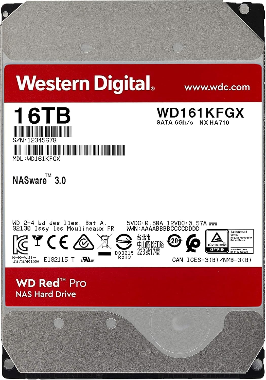 Western Digital 12TB WD Red Pro NAS Internal Hard Drive HDD - 7200 RPM, SATA 6 Gb/s, CMR, 256 MB Cache, 3.5 - WD121KFBX