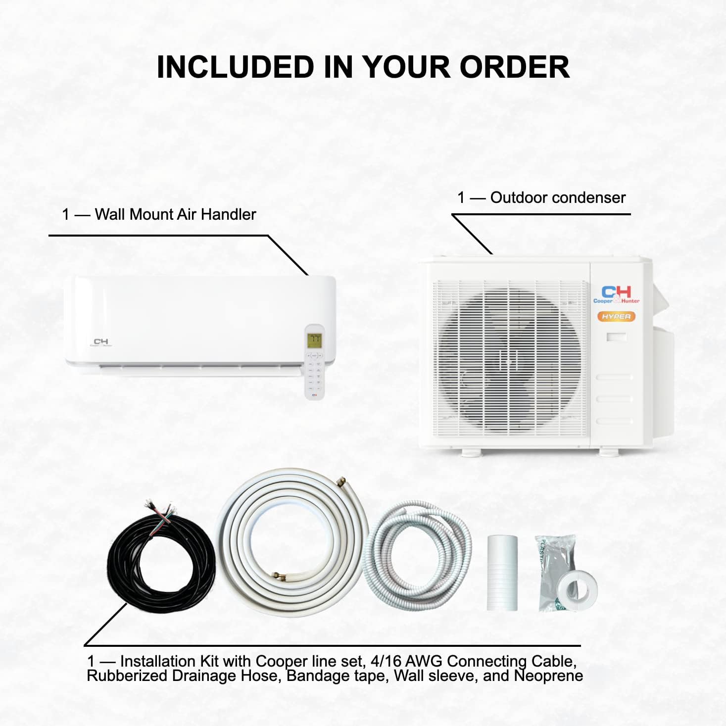 Hyper Heat 9,000 BTU, 25 SEER Ductless Mini-Split Air Conditioners -22F Heat Pump with 16FT Copper Line Set and Communication Wires