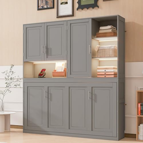 SOFTSEA Twin Murphy Bed with Storage Bookcase and Shelves, Horizontal Wall Bed with LED Light & Charging Stations, Space-Saving for Living Room, Guest Room, Bedroom, Office, Grey