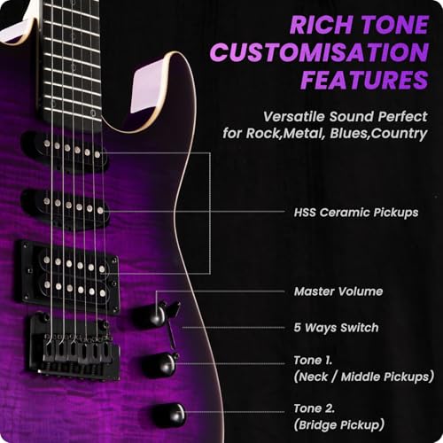 39" Solid Body Electric Guitar: Electric Guitar Kit with Bone Nut, Full Size 6 String Guitars with 24 Frets, Poplar Body AAA Flame Maple Top, Guitarra Electrica with HSS Ceramic Pickup,Black