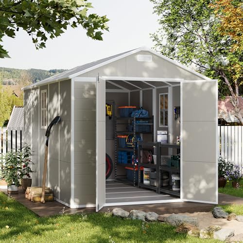 UDPATIO Outdoor Storage Shed 6 x 6 FT, Resin Garden Sheds with Floor Plastic Patio Outdoor Storage Shed with Lockable Door for Tool, Bike, Garbage Gray White