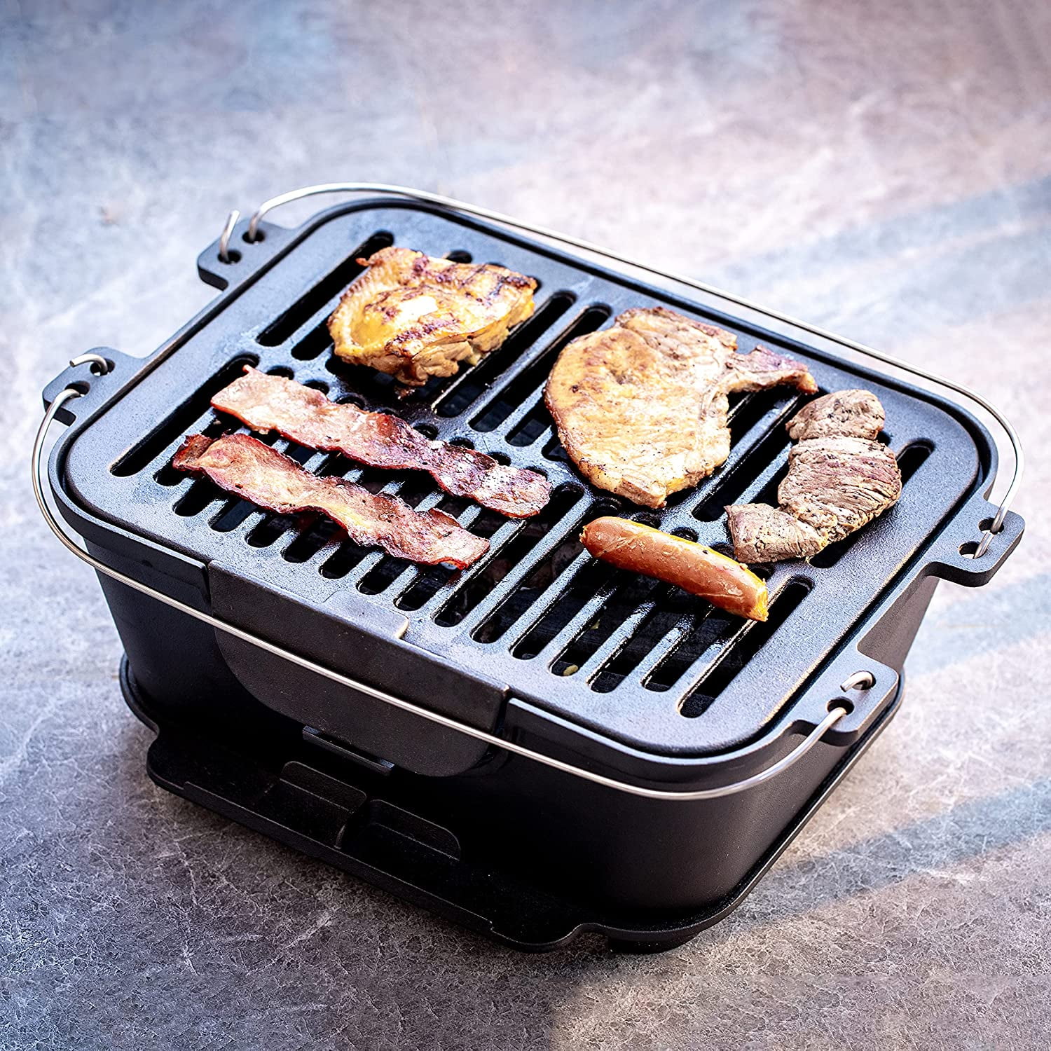 Bruntmor Pre-Seasoned Hibachi-Style Portable Cast Iron Charcoal Rectangle BBQ Grill, 14" x 12" Grilling Surface