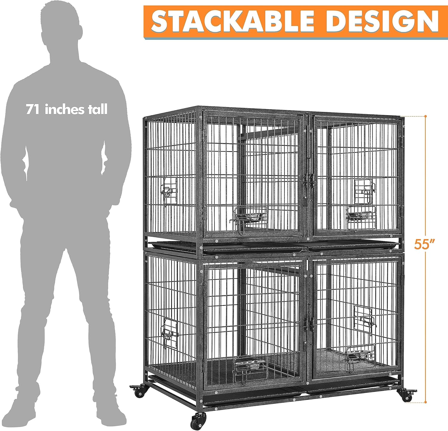 Yaheetech Stackable Dog Crate with Divider 43'' Rolling Heavy Duty Dog Cage with Open Top/ 2 Removable Trays for Small/Medium Dog, Double Story