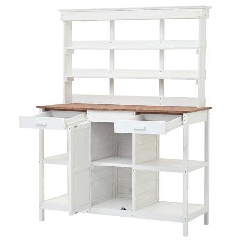 Outdoor Wooden Potting Bench Table – Farmhouse Garden Workstation with Drawers, Cabinet & Storage Shelves, Large Fir Wood Work Table for Patio, Backyard, Mudroom, Greenhouse (Light Brown, 66''H)