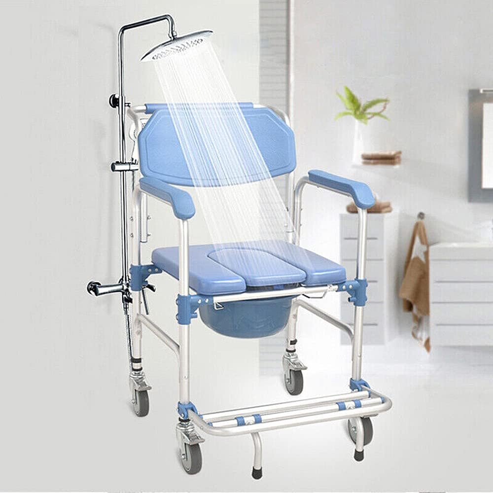 uyoyous Shower Commode Chair with Wheels Multi-Functional Rolling Shower Wheelchair with Soft Padded Waterproof Mobile Over Toilet Chair with 250 lbs Weight Capacity for Disable Injured