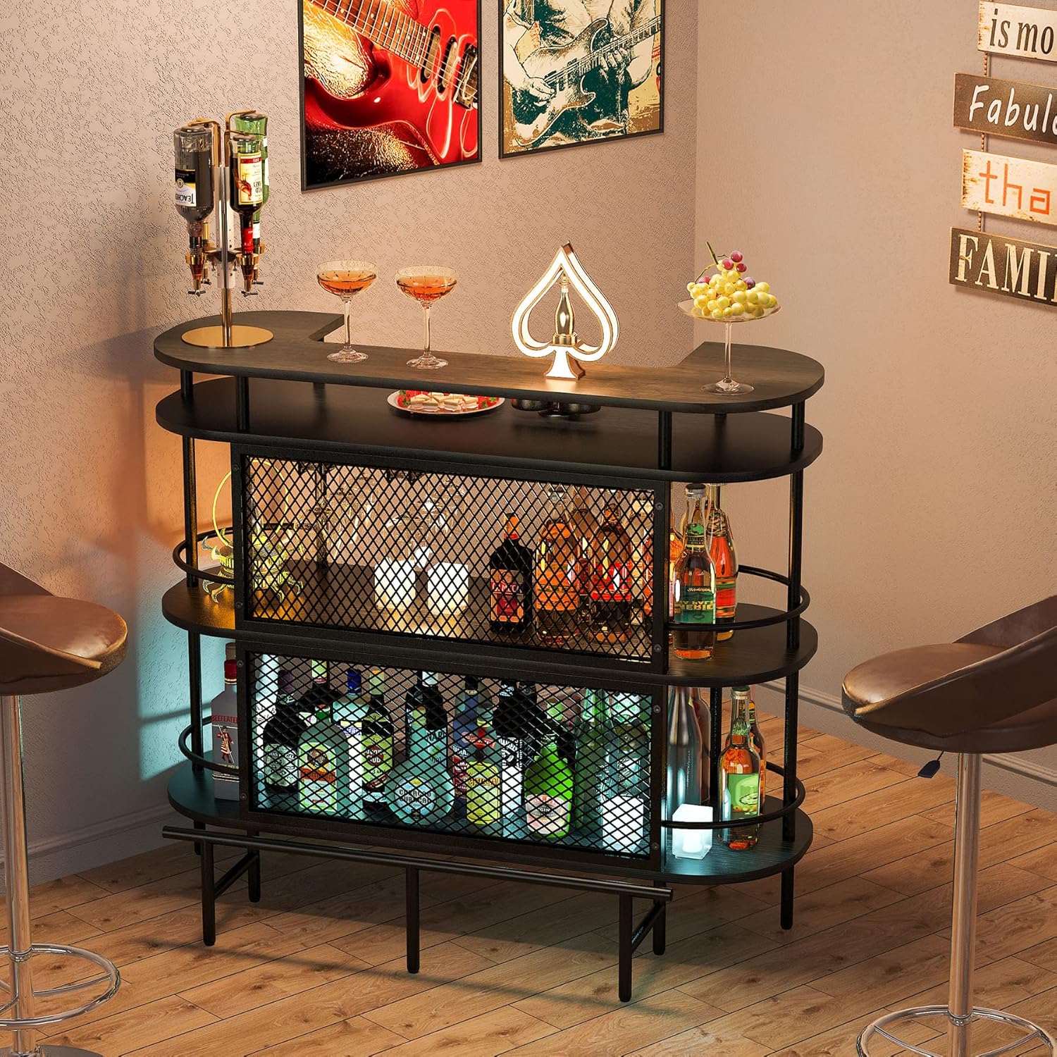 4 Tier Bar Cabinet Bar Unit for Liquor with Storage Shelves, Foot Rail and Wine Glasses Holder for Home/Kitchen/Bar/Pub, Black and Walnut