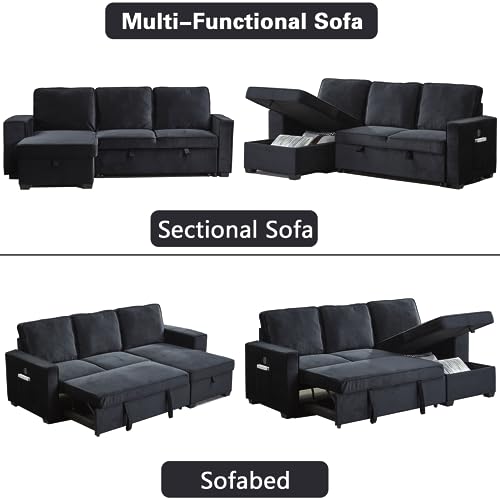 Modern L-Shaped Sectional Sofa, Velvet Sofabed with USB & Storage Chaise, Brown