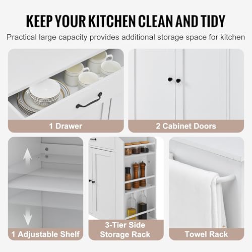 VEVOR Kitchen Island Cart with Solid Wood Top, 35.4" Width Mobile Carts with Storage Cabinet, Rolling Kitchen Table with Spice Rack, Towel Rack, and Drawer, Portable Islands on Wheels, White