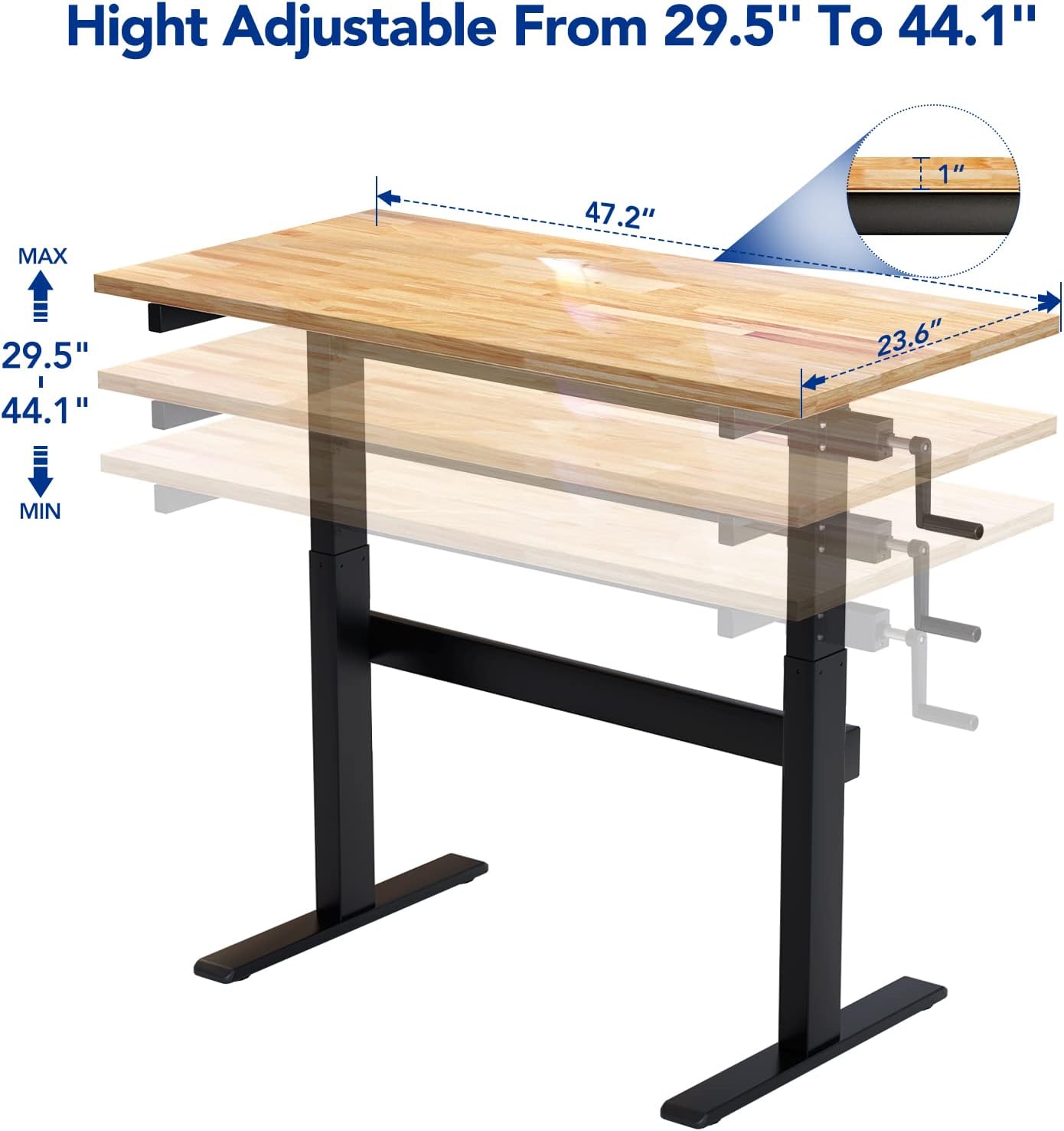 FLEXIMOUNTS Height-Adjustable Work Table with Crank Handle, 500-lb Capacity Rubberwood Top Garage Workbench and Sit-Stand Desk, Lift Range from 29.5 to 44.1 inch