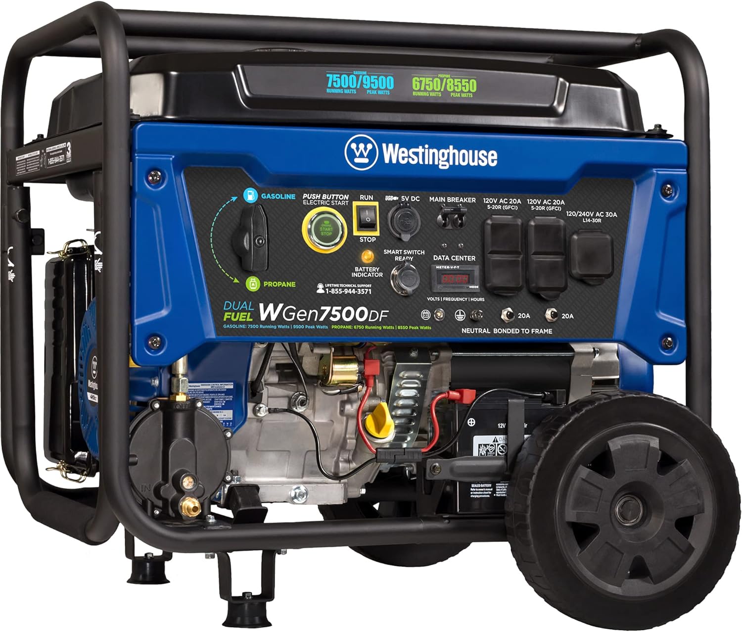 Westinghouse Outdoor Power Equipment WGen7500 Portable Generator with Remote Electric Start 7500 Rated Watts & 9500 Peak Watts, Gas Powered, CARB Compliant, Transfer Switch Ready