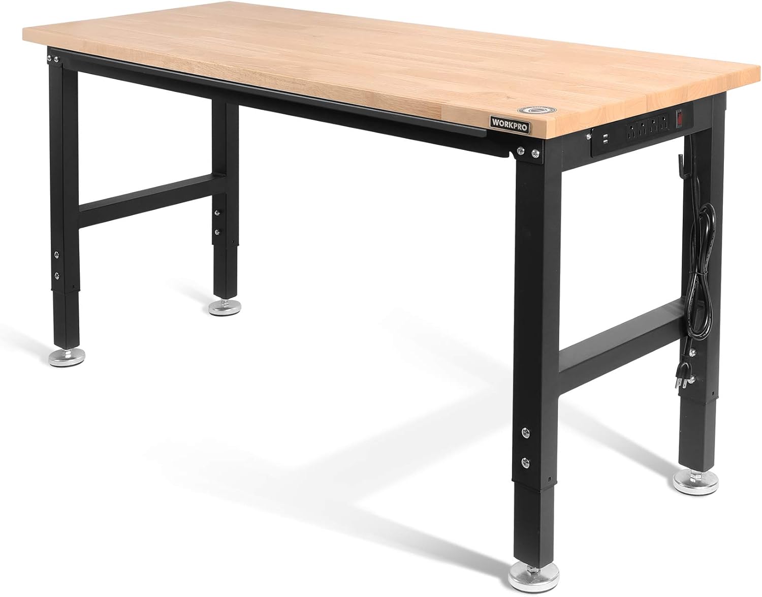 WORKPRO 60 Adjustable Workbench, Rubber Wood Top Heavy-Duty Workstation, 2000 LBS Load Capacity Hardwood Worktable with Power Outlets, for Workshop, Garage, Office, Home
