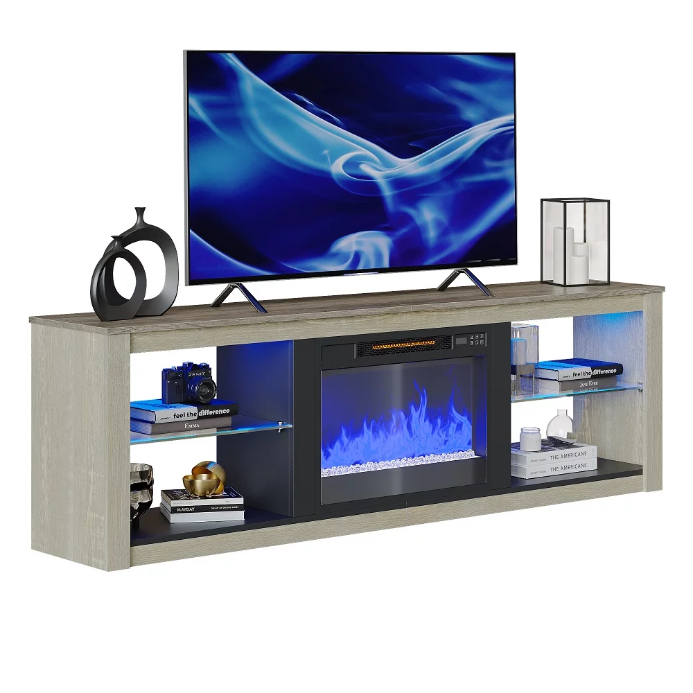 Bestier Modern Electric Fireplace TV Stand for TVs up to 75" with LED Light in Wash White+Grey