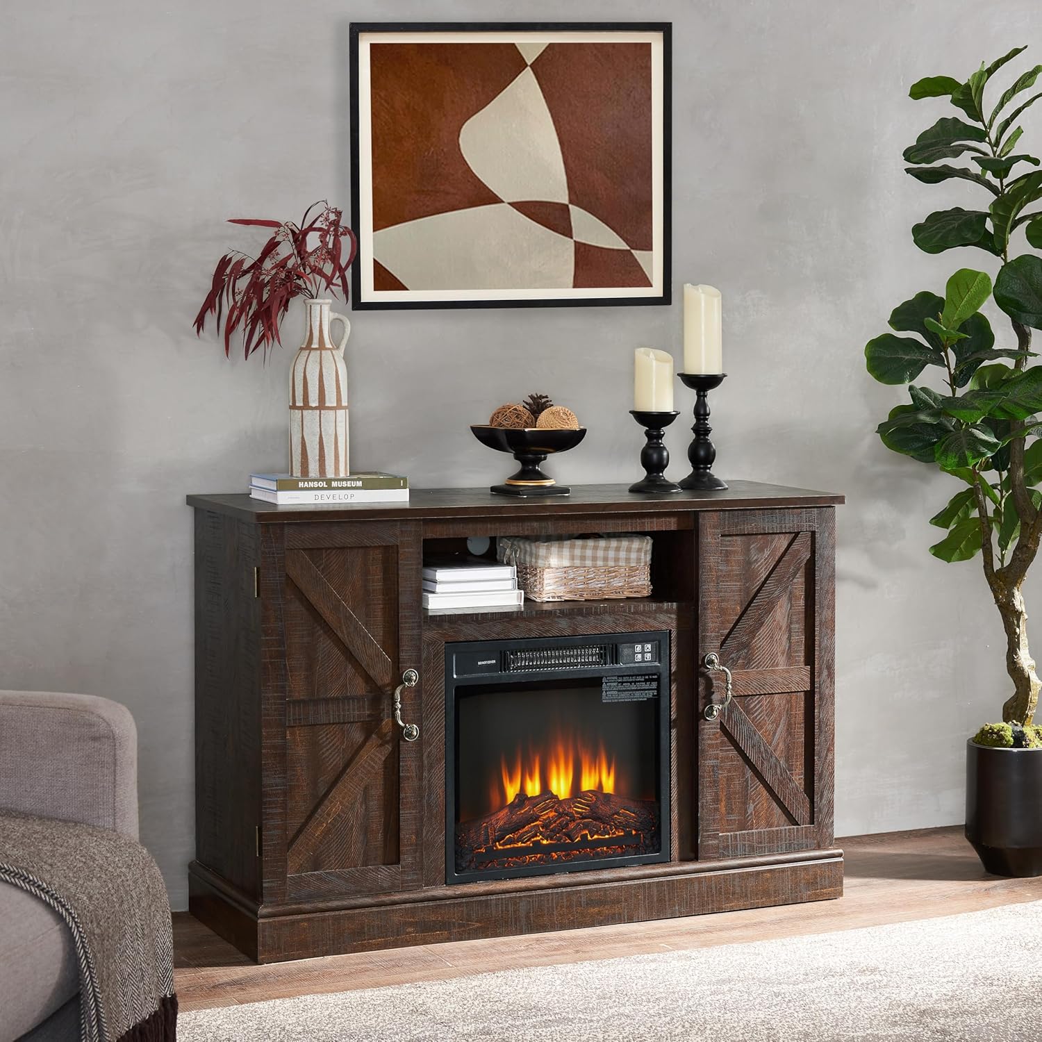 Electric Fireplace Entertainment Center for 50“ TV Home use amerlife Fireplace tv Stand, Cable Management Farmhouse tv Stand with Fireplace Safe Warm Electric fire Place