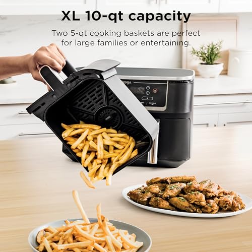 Ninja DZ201 Foodi 8 Quart 6-in-1 DualZone 2-Basket Air Fryer with 2 Independent Frying Baskets, Match Cook & Smart Finish to Roast, Broil, Dehydrate & More for Quick, Easy Meals, Grey
