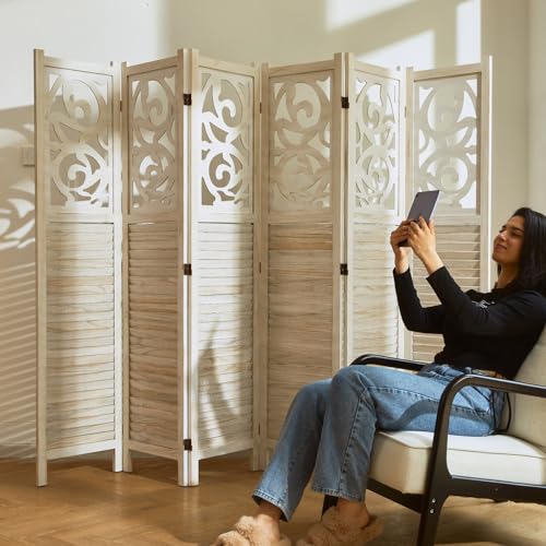 Folding Room Divider, 5.6Ft 6 Panels Wood Carved Privacy Screens, Free Assembled Freestanding Portable Reversible Functional Decorative Partition for Home Office Bedroom (White-Washed)