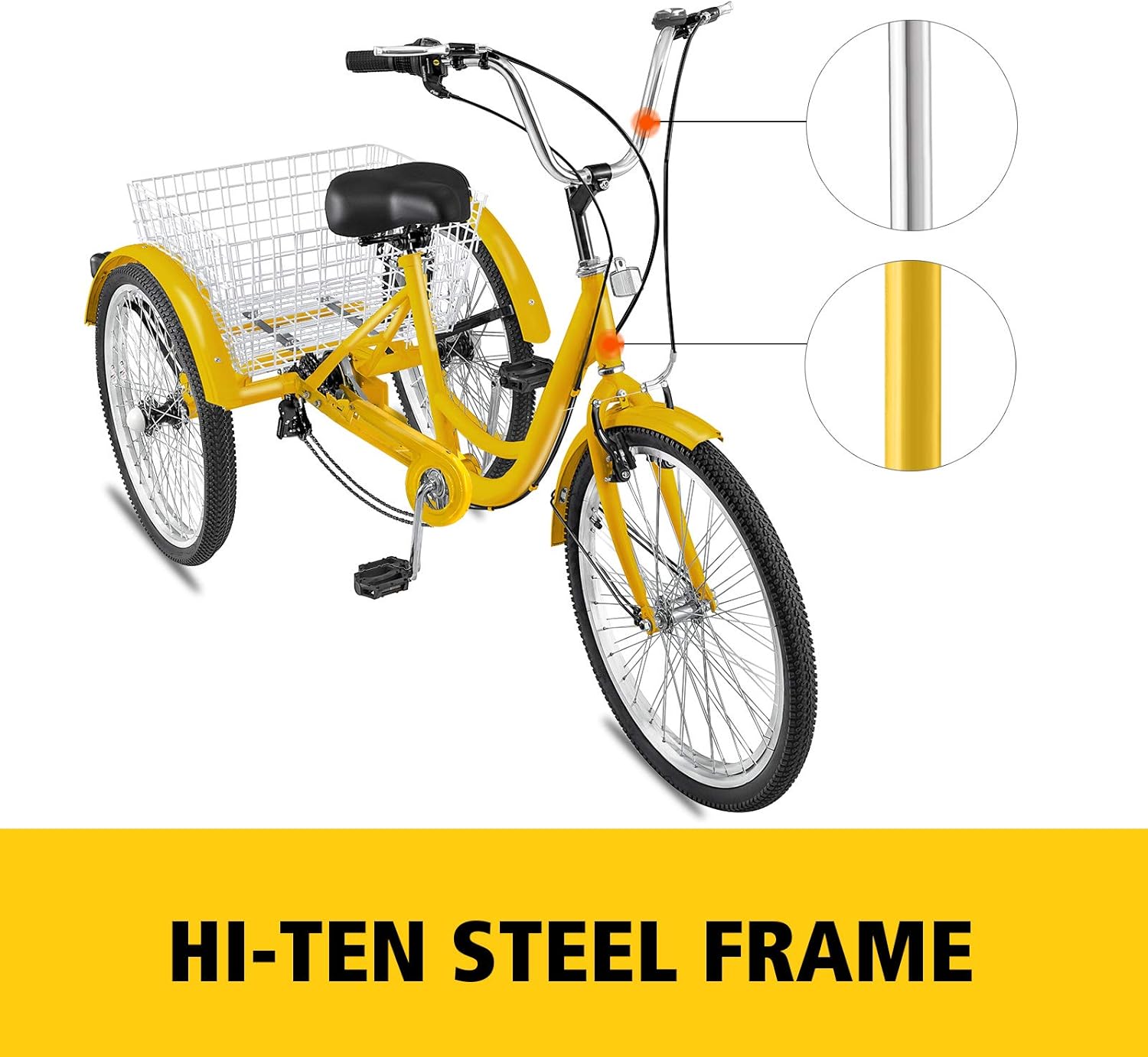 Happybuy Adult Tricycle 20 inch, Three Wheel Bikes 7 Speed, Yellow Tricycle with Bell Brake System, Bicycles with Cargo Basket for Shopping.(Yellow/7 Speed)
