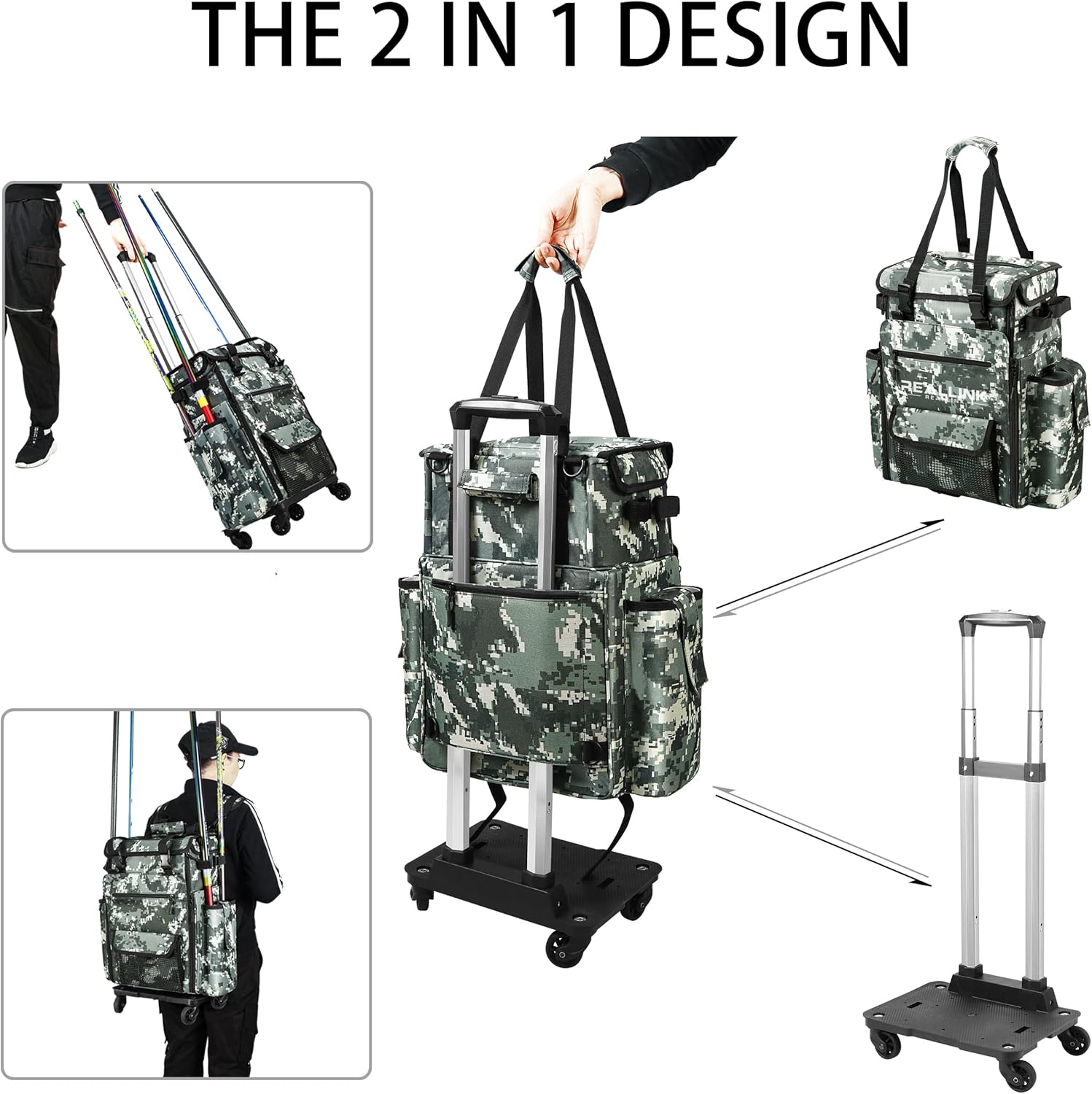 Rolling Fishing Tackle Bags with Rod Holder, Fishing Backpack Removable Wheels and Fishing Cart with Tackle Included, Fishing Gifts for Men, Waterproof Fishing Organizer Pack with Rod Case