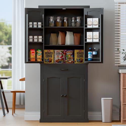 HollyHOME 72" Kitchen Pantry Cabinet, Storage Cabinet with 4 Doors and 1 Drawer, Freestanding Cupboard with Adjustable Shelves and 6 Door Shelves for Kitchen, Dining Room, Living Room, White