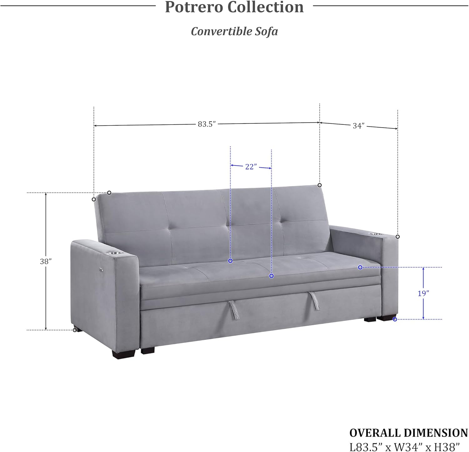 Lexicon Futon Sofa Bed, 83.5" Couch, Sleeper Sofa, Velvet Futon with Storage, Armrest, Two Cup Holders and USB Ports, Sofa Cama, Couches for Living Room and Bedroom, Grey