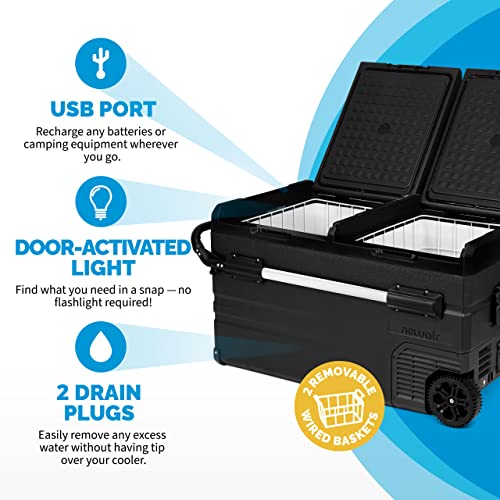 Newair Portable 80 Qt. Electric Car Camping Cooler with 4 Battery Protection Modes, Dual Zone Fridge and Freezer Storage, Retractable Handle, Outdoor Wheels and Rugged Construction