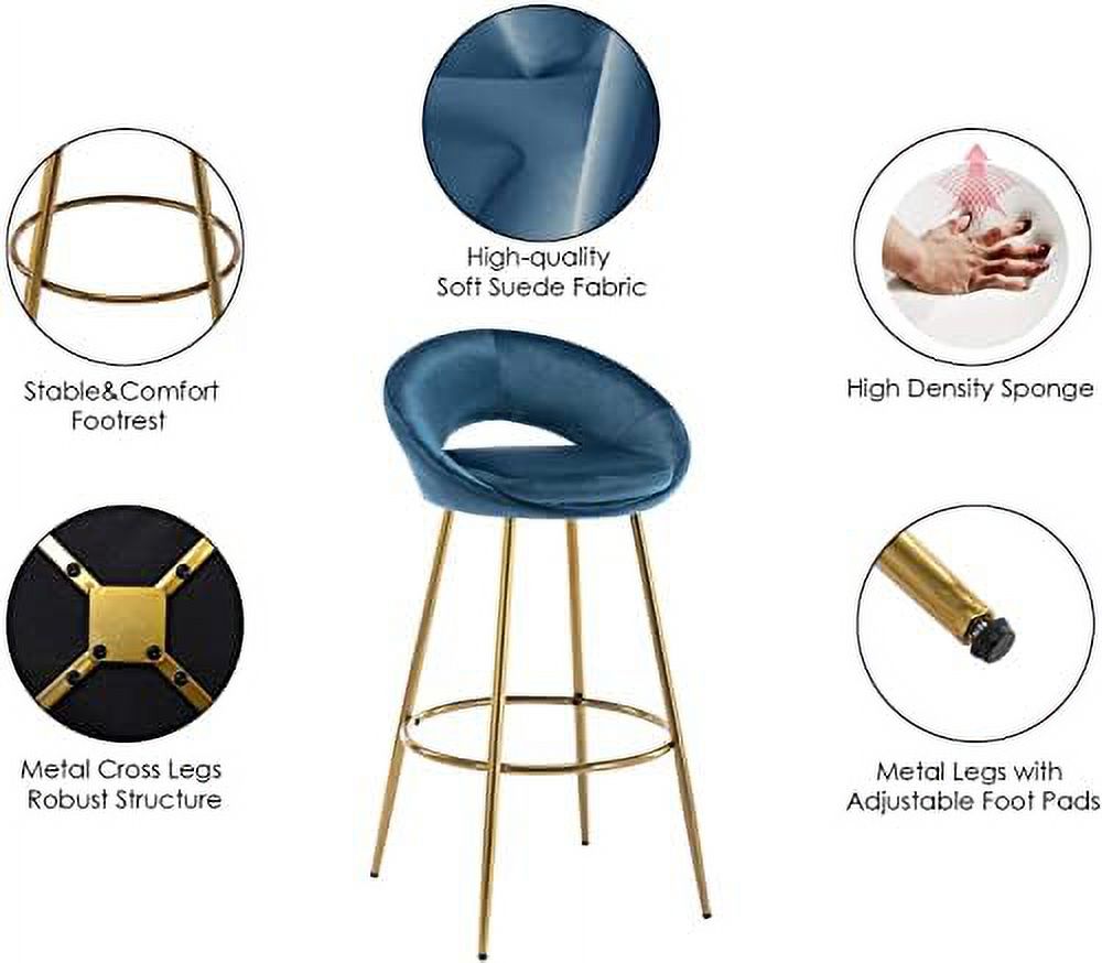 NLIBOOMLife Lovely 30" Velvet  Stools  with Gold Metal Legs  Mid Century Modern  Stools Low Back for Kitchen Island Home Pub-Silver