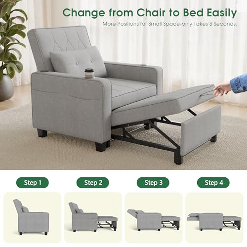 3-in-1 Convertible Sofa Chair Bed, Pull Out Leather Recliner Sleeper Sofa Chair Bed Couch with Cup Holders, USB & Type C Port,Side Pockets, Perfect for Living Room,Bedroom,Office (Black)