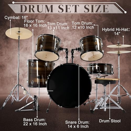 Ktaxon 22 Inch Adult Drum Set, 5-Piece Full-Size Drums Kit with Cymbal Stands, Hi-hat Stand, Sticks, Drum Pedal, Stool & Floor Tom for Beginner Teens Student (Blue)