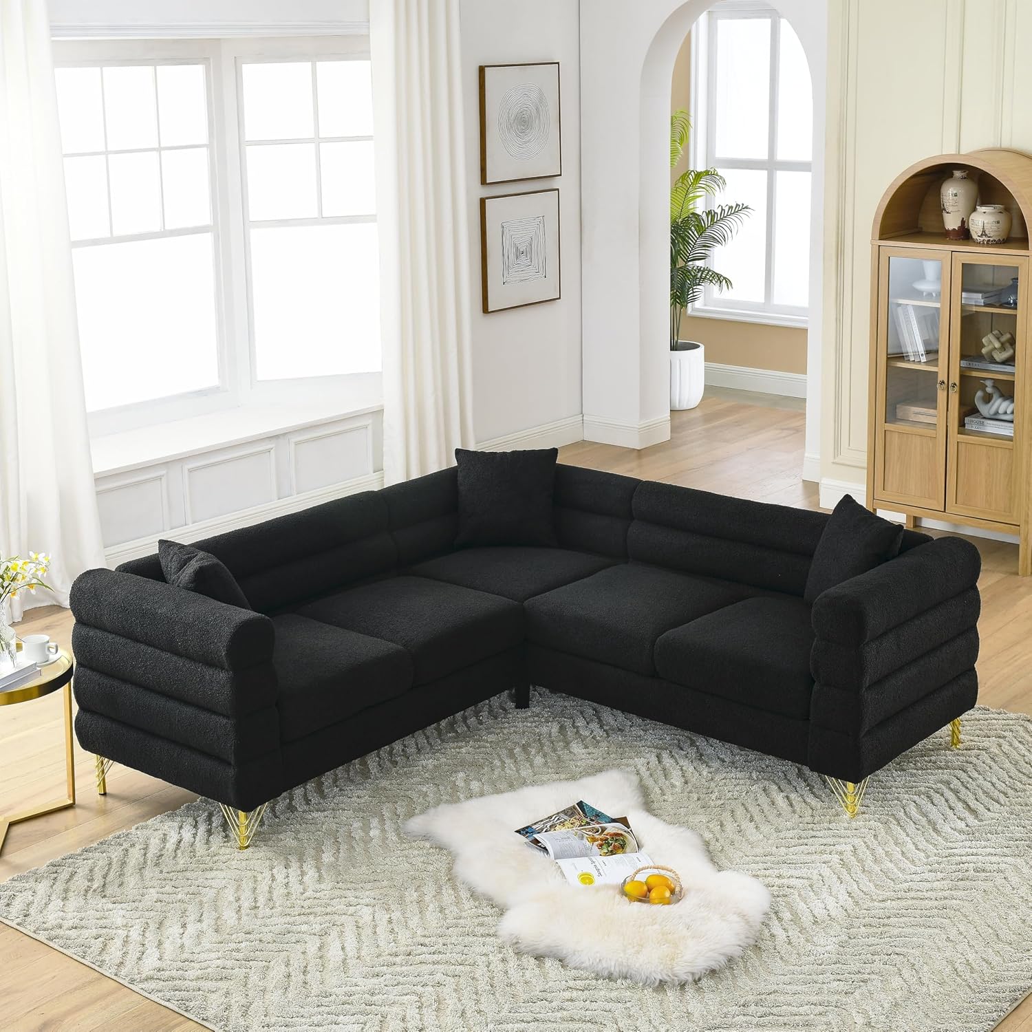 L-Shape Sectional Sofa 5-Seater Corner W/Piliows Black Abstract Lake House Modern Contemporary Solid L-Shape Felt Foam Slipcovered