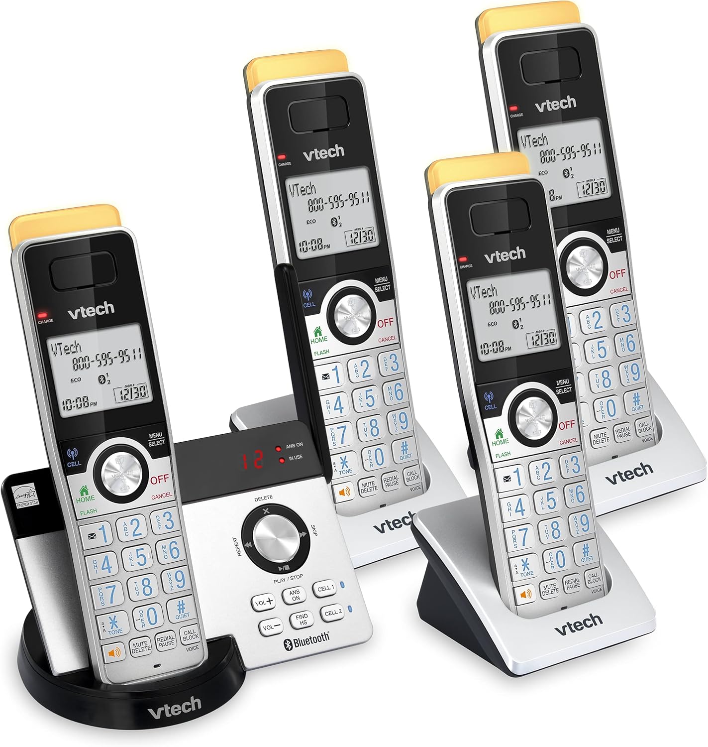 VTECH IS8121-4 Super Long Range up to 2300 Feet DECT 6.0 Bluetooth 4 Handset Cordless Phone for Home with Answering Machine, Call Blocking, Connect to Cell, Intercom and Expandable to 5 Handsets