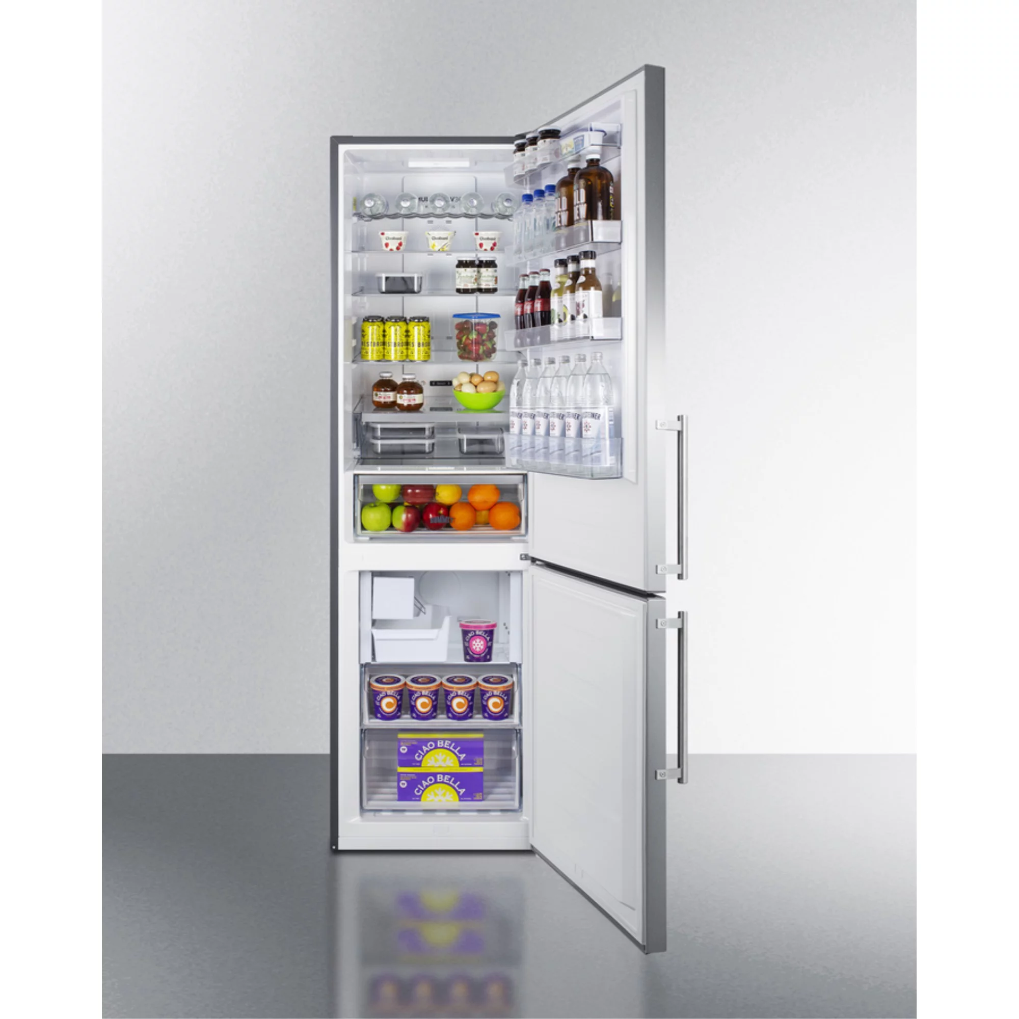 European counter depth bottom freezer refrigerator with icemaker, stainless steel doors, platinum cabinet, and digital controls for each section