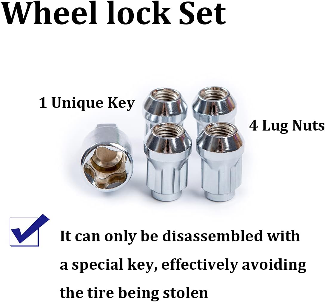 Wheel Locks Anti Theft, M12 x 1.5 Thread Size Chrome Cone Seat Wheel Locking Nuts Set of 4 and Wheel Lock Key Pouch Pack of 2