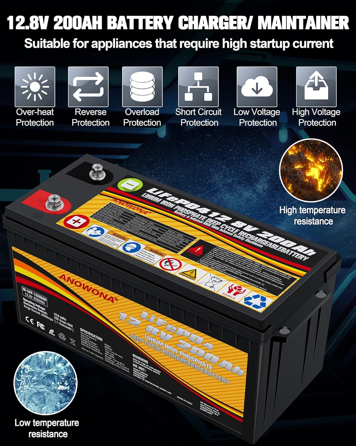 12.8V 200Ah Lithium Iron LiFePO4 Deep Cycle Battery, Built-in 100A BMS, 2000+ Cycles, 280amp Max, Perfect for RV, Solar, Marine, Overland, Off-Grid Application (12.8V200AH)