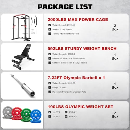 Power Cage, 2000LBS Multi-Function S11 Power Rack with LAT Pulldown, Squat Rack with Adjustable Pulley System and More Training Attachments, Weight Workout Machine for Home Gym