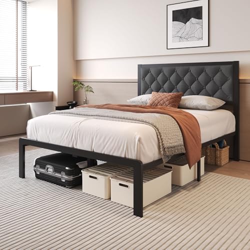 Queen Bed Frame with Headboard PU Leather Upholstered Bed Frame Platform,All Metal Slats Support Platform Bed Frame with Storage Space,Easy Assembly,Noise Free,No Box Spring Needed,Black