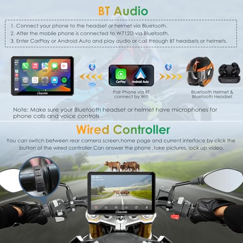 Carpuride W712D Motorcycle Carplay Screen with HD 1080 Dual Dash Cam, Wireless Car Play and Android Auto, 7" Waterproof Rotatable Navigation Touchscreen, Loop Recording, Bluetooth, Wired Controller