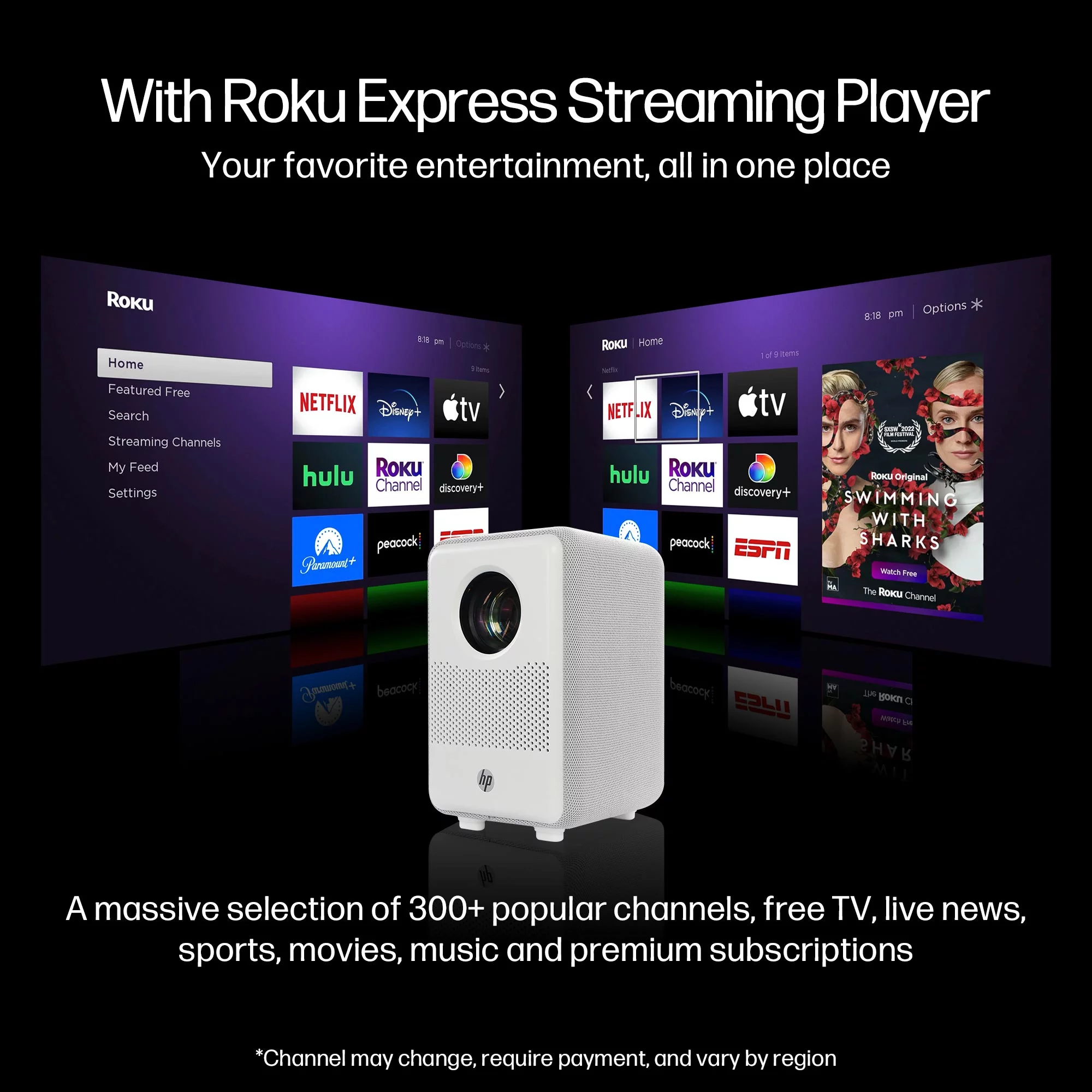 HP CC200 FHD LCD LED Projector with Roku Express Streaming Player and 84" Mobile Projection Screen